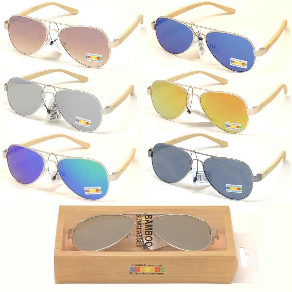 4 Style Bamboo Arm Polycarbonate Lens Sunglasses (24 Pair Packed in CDU)