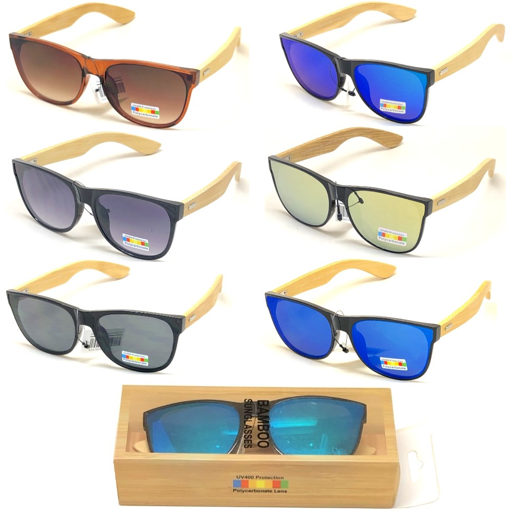 4 Style Bamboo Arm Polycarbonate Lens Sunglasses (24 Pair Packed in CDU)